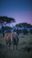 Majestic eland antelope standing in African savanna grassland during twilight hour with acacia trees and purple sky background for wildlife photography.
