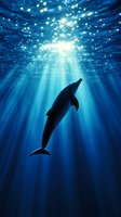 Silhouette of dolphin swimming upward through deep blue ocean waters illuminated by streaming sunlight rays creating magical underwater atmosphere.