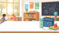Young children engaged in learning activities in a bright classroom with educational posters, bookshelf, and school supplies arranged on white surface for classroom design.