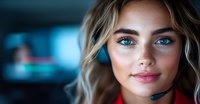 Young female customer service representative with bright blue eyes and blonde hair wearing headset, smiling confidently in modern office environment with blue lighting.