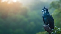 Majestic blue eagle with distinctive crest perched on branch against blurred forest background in morning light, dramatic wildlife composition with moody atmosphere.