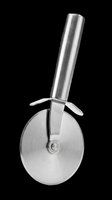 Stainless steel pizza cutter with round blade and cylindrical handle, isolated on transparent background. Great for kitchen clipart, print on demand, stickers, and t-shirt design.