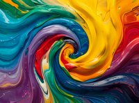 Vibrant swirling paint in rainbow colors forming a spiral pattern with yellow, blue, green, purple, and red tones. Abstract fluid art background.