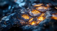 Glowing hot coals with orange embers and blue smoke create dramatic lighting effect, close-up macro photography showing texture and heat of burning charcoal.
