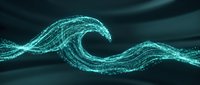 Digital cyan wave flowing with glowing particles and data streams creating dynamic motion against dark background for technology presentations.