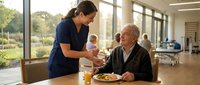 Female healthcare worker in blue scrubs serving meal to elderly Caucasian man in modern assisted living facility dining room with large windows.