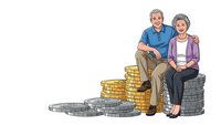 Senior couple sitting on stacks of coins planning retirement savings and financial security for golden years together.
