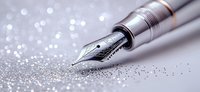 Elegant fountain pen nib in silver metallic finish against sparkling glitter background, showcasing detailed craftsmanship and luxury writing instrument design.