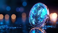 Glowing blue cryptocurrency coin on reflective surface with bokeh lights in background, futuristic digital money concept for financial technology.