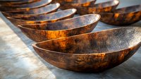 Rustic wooden bowls with rich brown patina arranged in row on textured surface, dramatic side lighting creates warm amber glow and highlights natural grain patterns.