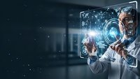 Professional male doctor in white coat interacting with futuristic holographic medical interface displaying digital health data and diagnostic tools.