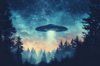 Mysterious UFO spacecraft hovering over misty pine forest at night with bright beam light and starry sky in turquoise and orange colors.