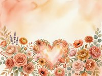 Watercolor floral heart frame with roses, ranunculus and lavender in warm peach tones. Romantic botanical border for wedding invitations and greeting cards.