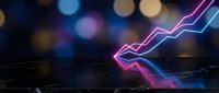 Glowing neon arrow pointing upward with colorful bokeh lights background representing business growth, success, and financial progress in modern style.