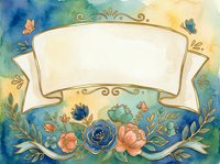 Watercolor floral banner with gold outline, blank ribbon scroll, butterflies, and colorful flowers on blue and yellow background for greeting cards.