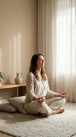 Young woman meditating in lotus position at home wearing beige pajamas with eyes closed and peaceful expression in bright natural light room.