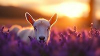 Young white goat looking at camera through blooming purple lavender field at golden sunset, magical summer countryside atmosphere with soft bokeh light.