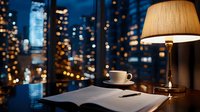 Cozy evening workspace with open book, coffee cup and table lamp against blurred city lights and skyscrapers view through window, creating atmospheric night ambiance.