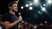 Muscular Caucasian male performer in black t-shirt holding microphone on stage with blurred bokeh lights and audience in background, emotional expression during show.