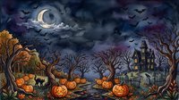 Spooky autumn night scene with glowing jack-o-lanterns, bare trees, haunted mansion, and crescent moon surrounded by flying bats in dark sky.
