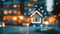 Glowing house icon with digital elements floating on blurred urban bokeh background, representing smart home technology and real estate innovation.