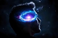 Silhouette profile of man with glowing spiral galaxy emerging from eye area against dark background with stars, representing consciousness and cosmic connection.