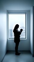 Mother holding newborn baby in silhouette against hospital window with city view. Tender maternal bonding moment in modern medical facility corridor.