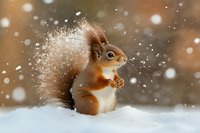 Red squirrel sitting in snow during winter snowfall with fluffy tail and natural forest background for seasonal wildlife photography.