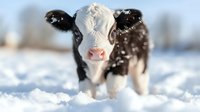 Young black and white calf standing in fresh snow with snowflakes falling, close up portrait showing pink nose and curious expression against winter landscape background.