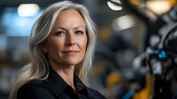 Confident mature businesswoman with silver gray hair smiling at camera. Professional corporate portrait with blurred office background showing leadership and success.