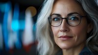 Confident mature Caucasian businesswoman with silver hair and glasses smiling against blurred blue background, portraying success and expertise in corporate setting.