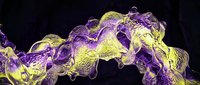 Vibrant purple and yellow liquid swirls merge in dynamic motion against dark background, creating abstract flowing patterns for creative design projects.