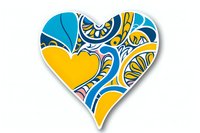 Decorative heart shape filled with swirling blue and yellow abstract pattern featuring curved lines and circular elements on white background, isolated design element.