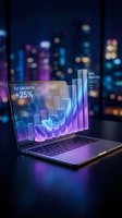 Laptop displaying holographic financial charts and data analytics with growth metrics against blurred city lights background for business presentations.