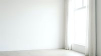 Empty modern room with white walls, large window with sheer curtains, and natural light for interior design, real estate, and home staging projects.