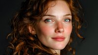 Young Caucasian woman with curly auburn hair and blue eyes in warm lighting portrait for beauty and lifestyle marketing campaigns.