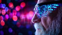Senior bearded man wearing futuristic digital glasses with glowing blue data reflection against dark background with colorful bokeh lights. Technology concept.