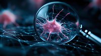 Magnifying glass revealing detailed view of pink virus cell structure with extending spikes on dark background, scientific research concept for medical studies.