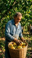 Senior farmer harvesting fresh cacao pods in wicker basket among tropical trees, sustainable agriculture and organic farming concept for chocolate production.