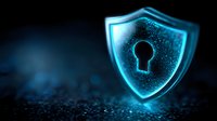 Glowing blue shield with keyhole symbol floating over dark background with particles, representing cybersecurity and digital data protection concepts.