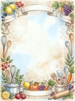 Watercolor kitchen frame with cooking utensils, fruits, and vegetables, featuring a blank banner and copy space for recipe cards.