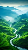 Misty morning over terraced rice fields with winding river through mountain valley landscape. Vibrant green agricultural terraces create stunning patterns in foggy atmosphere.