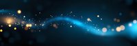 Glowing blue wave with golden bokeh lights and sparkles on dark background creates magical atmospheric effect. Blurred motion design element.