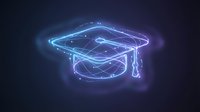Glowing neon graduation cap with flowing light trails and sparkles on dark background for education technology and academic achievement concepts.