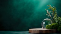 Empty glass sphere on wooden podium with green moss and plants against dark emerald background with mystical light rays and fog.