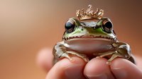 Green frog with golden crown sitting on human hand against blurred brown background, symbolizing fairy tale concept of frog prince.