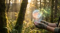 Hands holding glowing lightbulb with sparkles in forest setting symbolizing innovation, creativity and environmental solutions for sustainable energy concepts.