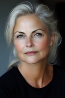 Elegant mature Caucasian woman with silver hair and blue eyes wearing black top, looking up with confident smile against dark background. Professional portrait.