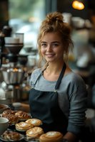 Young female barista in apron smiling warmly while serving fresh pastries and latte art coffee drinks at cozy cafe counter with soft bokeh lighting atmosphere.