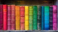 Colorful vintage books arranged in rainbow order on wooden shelf, perfect for education, library, or knowledge concepts. Creative bookshelf composition showing spectrum of colors from red to purple.